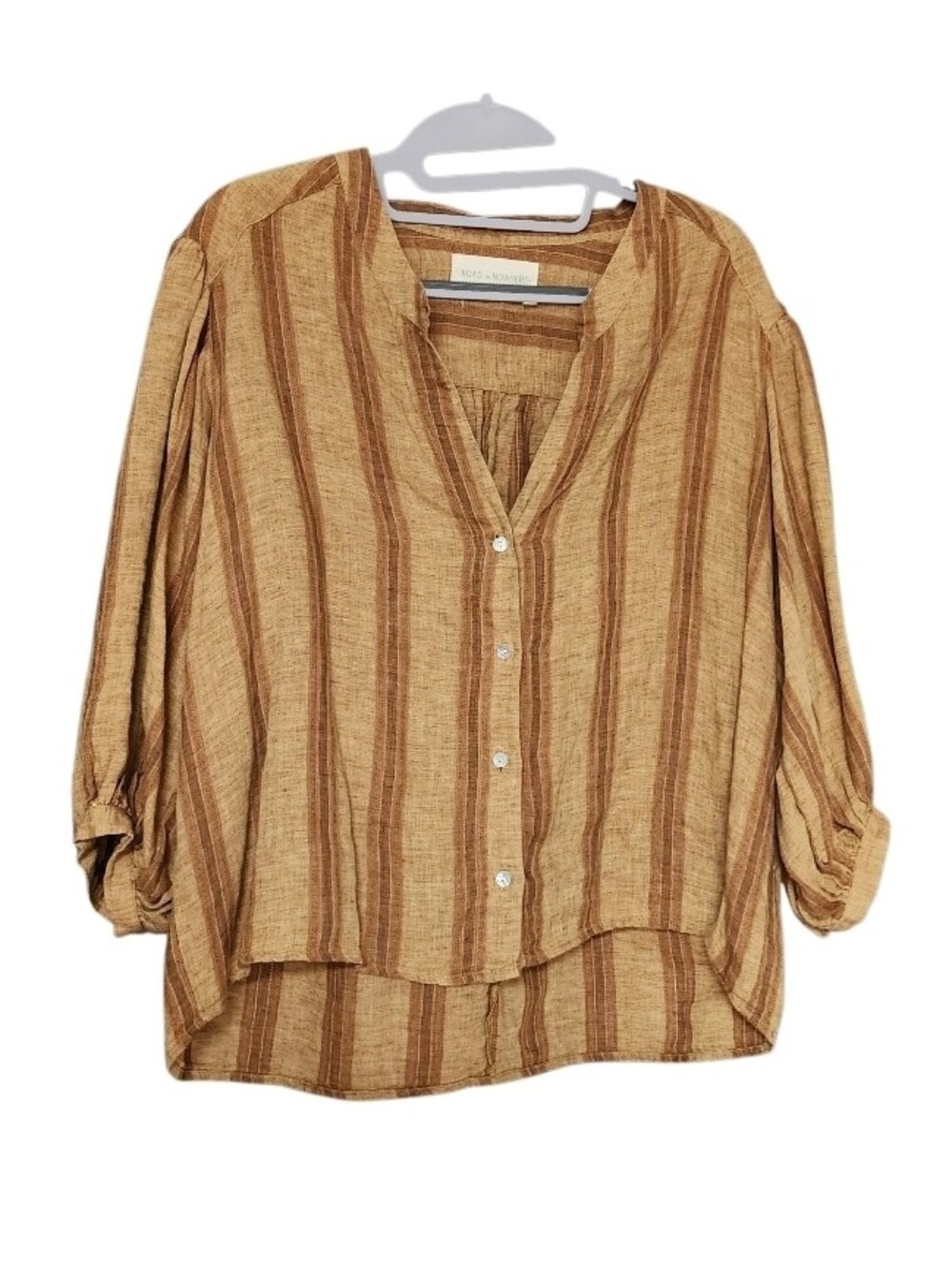 100% Linen Boho Striped Button-Front Top - Caramel Stripe